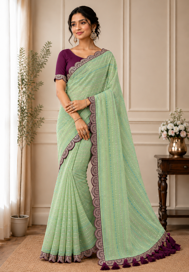 Sea Green Color Embroidery lace border Tissue Net Saree