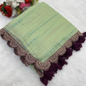 Sea Green Color Embroidery lace border Tissue Net Saree 2