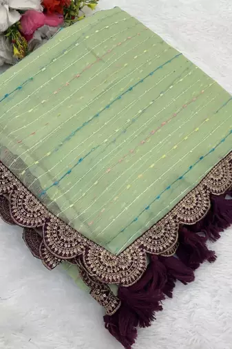 Sea Green Color Embroidery lace border Tissue Net Saree