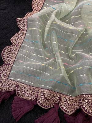Sea Green Color Embroidery lace border Tissue Net Saree 3