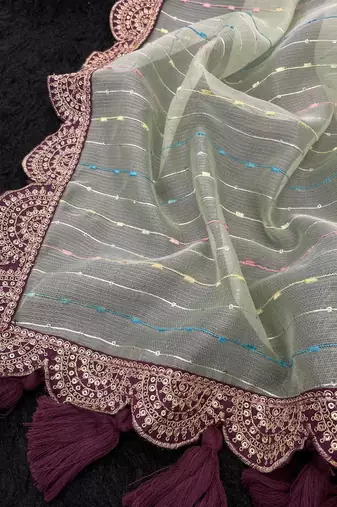 Sea Green Color Embroidery lace border Tissue Net Saree