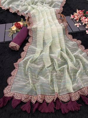 Sea Green Color Embroidery lace border Tissue Net Saree 4