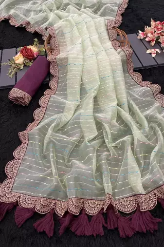 Sea Green Color Embroidery lace border Tissue Net Saree