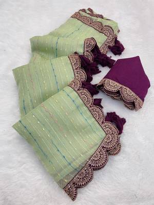 Sea Green Color Embroidery lace border Tissue Net Saree 5