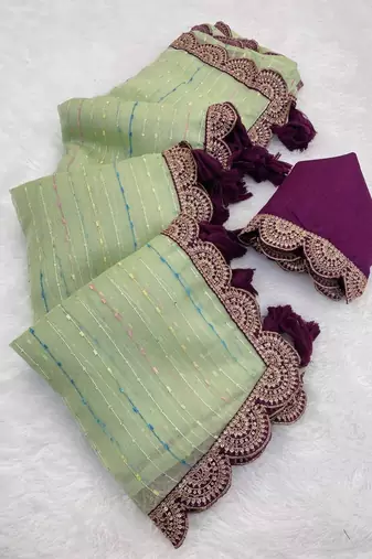Sea Green Color Embroidery lace border Tissue Net Saree