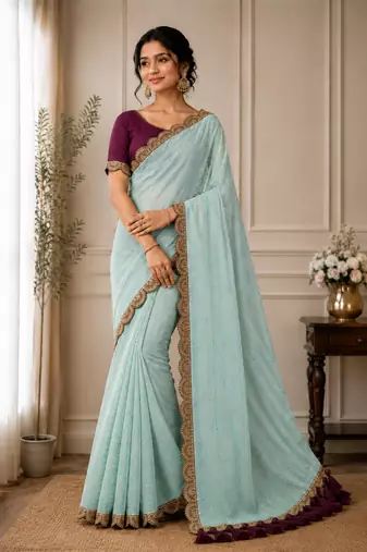 Sky Blue Color Embroidery lace border Tissue Net Saree