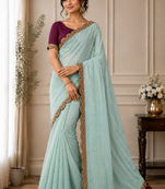 Sky Blue Color Embroidery lace border Tissue Net Saree