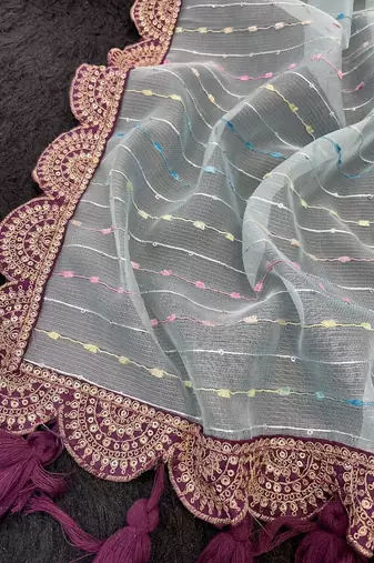 Sky Blue Color Embroidery lace border Tissue Net Saree