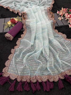 Sky Blue Color Embroidery lace border Tissue Net Saree 3