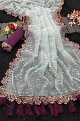 Sky Blue Color Embroidery lace border Tissue Net Saree