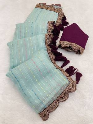 Sky Blue Color Embroidery lace border Tissue Net Saree 4