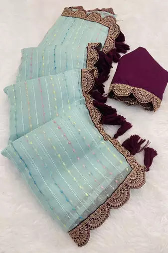 Sky Blue Color Embroidery lace border Tissue Net Saree