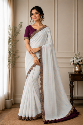 White Color Embroidery lace border Tissue Net Saree 1