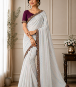 White Color Embroidery lace border Tissue Net Saree