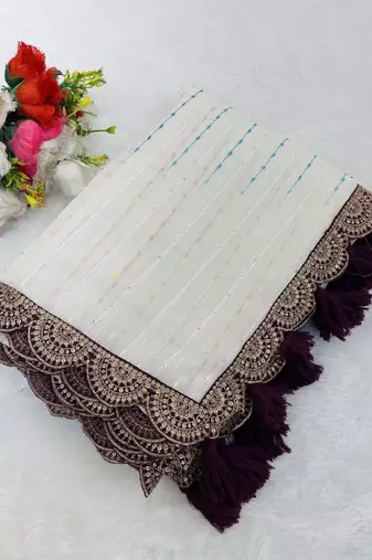 White Color Embroidery lace border Tissue Net Saree