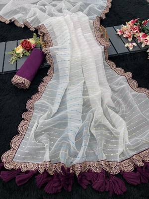 White Color Embroidery lace border Tissue Net Saree 3