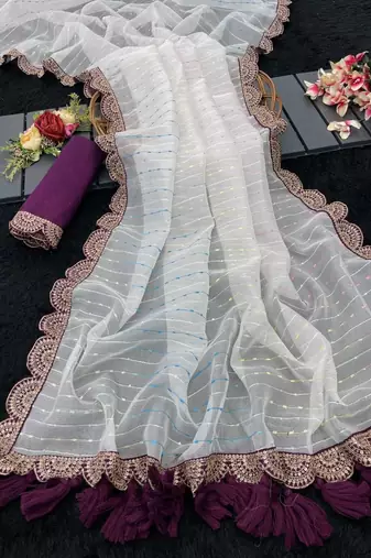 White Color Embroidery lace border Tissue Net Saree