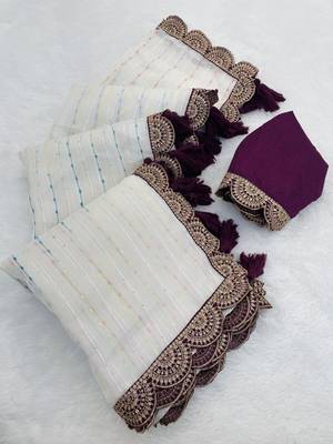 White Color Embroidery lace border Tissue Net Saree 4