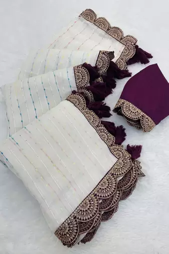 White Color Embroidery lace border Tissue Net Saree