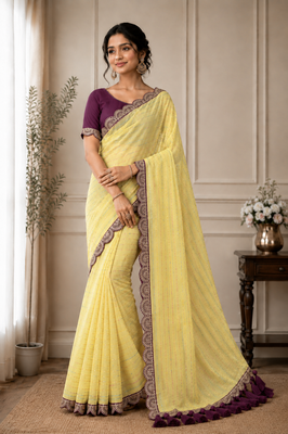 Yellow Color Embroidery lace border Tissue Net Saree 1