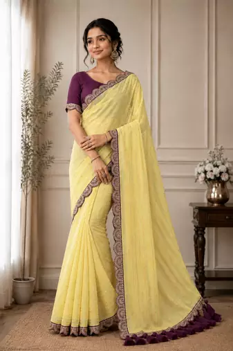 Yellow Color Embroidery lace border Tissue Net Saree