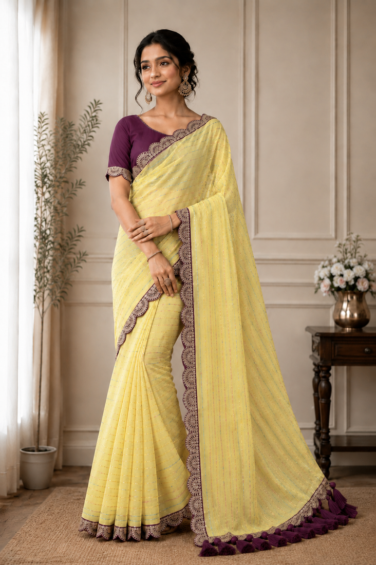 Yellow Color Embroidery lace border Tissue Net Saree