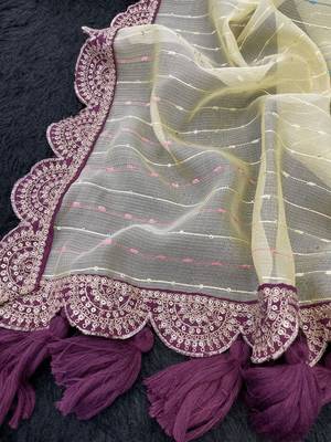 Yellow Color Embroidery lace border Tissue Net Saree 2