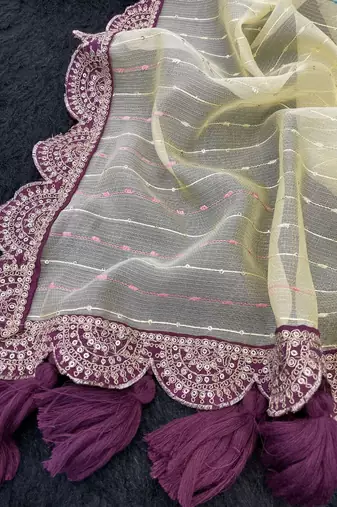 Yellow Color Embroidery lace border Tissue Net Saree