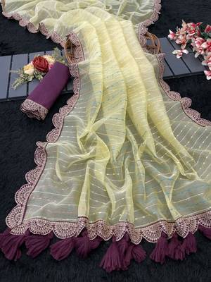 Yellow Color Embroidery lace border Tissue Net Saree 3