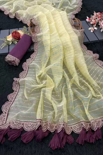 Yellow Color Embroidery lace border Tissue Net Saree