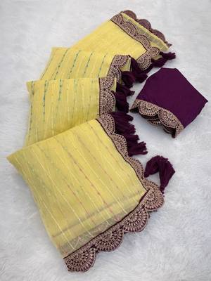 Yellow Color Embroidery lace border Tissue Net Saree 4