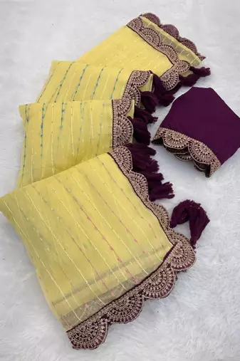 Yellow Color Embroidery lace border Tissue Net Saree