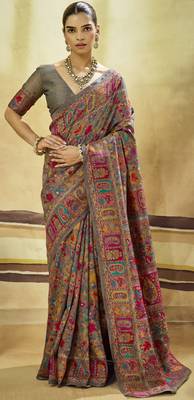Grey hand woven  munga cotton blend saree with blouse 1