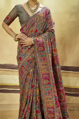 Grey hand woven  munga cotton blend saree with blouse