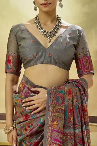 Grey hand woven  munga cotton blend saree with blouse