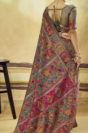 Grey hand woven  munga cotton blend saree with blouse