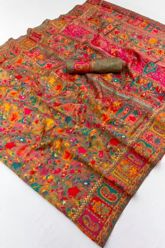 Grey hand woven  munga cotton blend saree with blouse