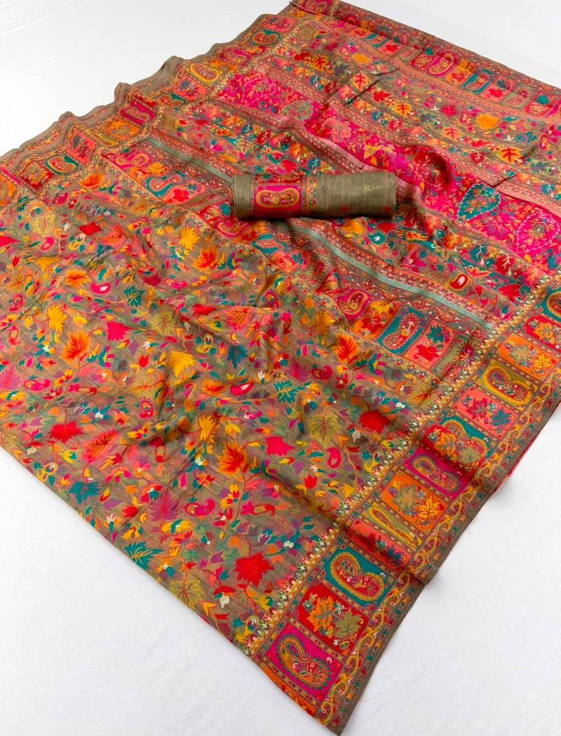 Grey hand woven  munga cotton blend saree with blouse