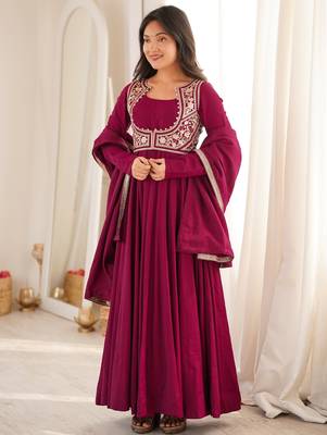 Women's wine magenta roman silk chanderi embroidered anarkali gown with jacket, dupatta and pant set 1