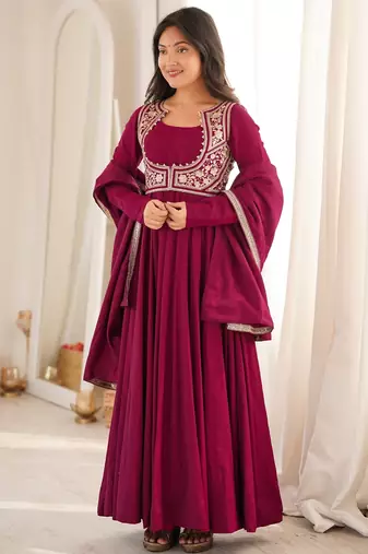 Women's wine magenta roman silk chanderi embroidered anarkali gown with jacket, dupatta and pant set