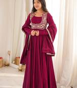 Women's wine magenta roman silk chanderi embroidered anarkali gown with jacket, dupatta and pant set