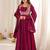 Women's wine magenta roman silk chanderi embroidered anarkali gown with jacket, dupatta and pant set