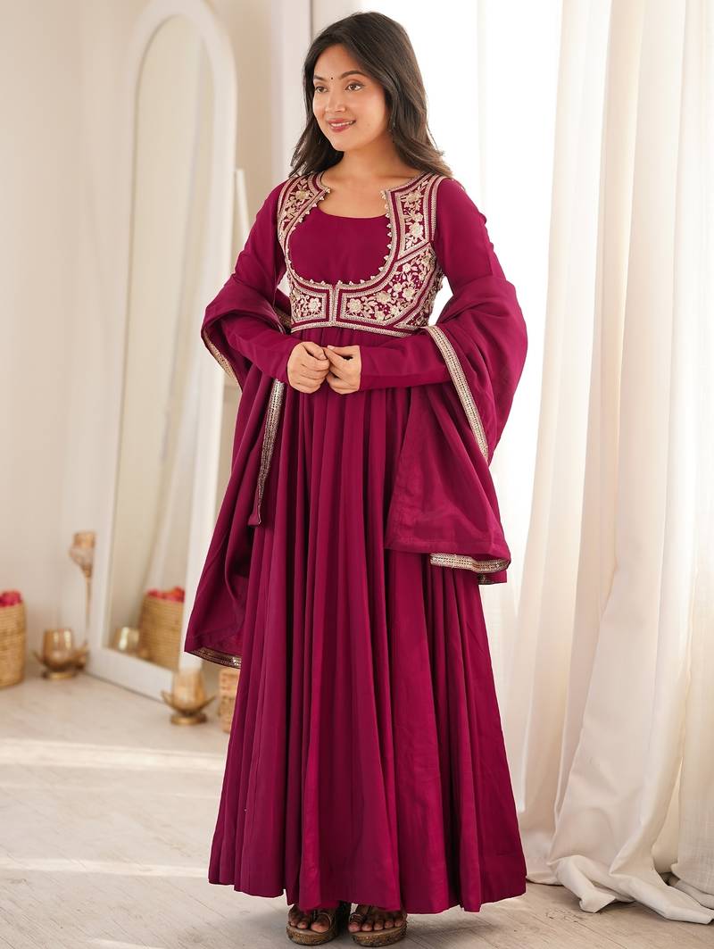 Women's wine magenta roman silk chanderi embroidered anarkali gown with jacket, dupatta and pant set