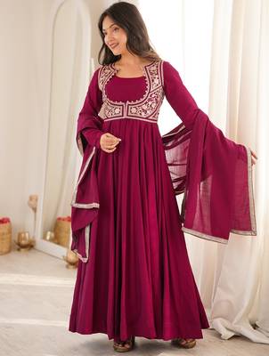 Women's wine magenta roman silk chanderi embroidered anarkali gown with jacket, dupatta and pant set 2