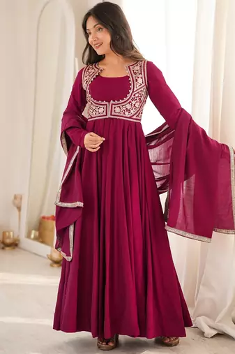 Women's wine magenta roman silk chanderi embroidered anarkali gown with jacket, dupatta and pant set