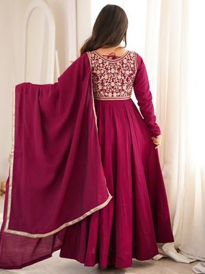 Women's wine magenta roman silk chanderi embroidered anarkali gown with jacket, dupatta and pant set 3