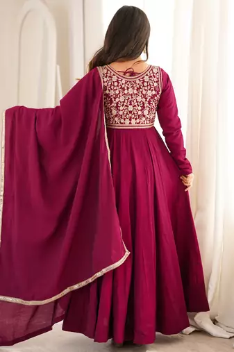 Women's wine magenta roman silk chanderi embroidered anarkali gown with jacket, dupatta and pant set