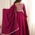 Women's wine magenta roman silk chanderi embroidered anarkali gown with jacket, dupatta and pant set