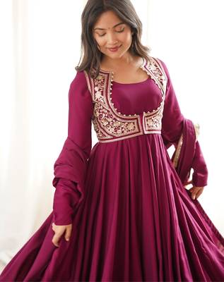 Women's wine magenta roman silk chanderi embroidered anarkali gown with jacket, dupatta and pant set 4