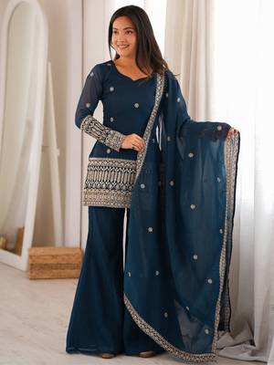 Women's deep teal blue embroidered crunchy silk kurta bell bottom pant set with dupatta 1